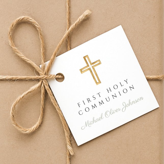 Elegant Sage Grönt Religiösa Boy First Communion Gåvor Etiketter (Elegant Sage Green Religious Boy First Communion Favor Tags)