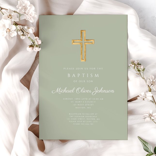 Elegant Sage Grönt Religiösa Kor Baptism Inbjudningar (Sage Green Elegant Religious Cross Baptism Invitation)