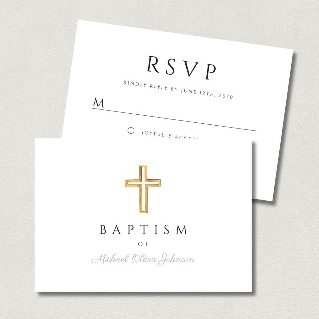 Elegant Sage Grönt Religiösa Kor Boy Baptism OSA Kort (Elegant Sage Green Religious Cross Boy Baptism RSVP Card)