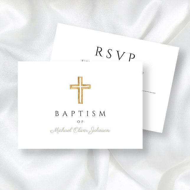 Elegant Sage Grönt Religiösa Kor Boy Baptism OSA Kort (Elegant Sage Green Religious Cross Boy Baptism RSVP Card)