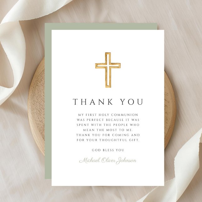 Elegant Sage Grönt Religiösa Kor Första kommission Tack Kort (Elegant Sage Green Religious Cross First Communion Thank You Card)