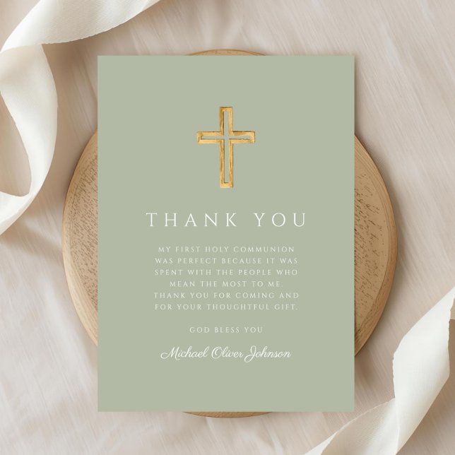 Elegant Sage Grönt Religiösa Kor Första kommission Tack Kort (Elegant Sage Green Religious Cross First Communion Thank You Card)