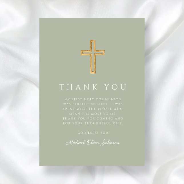 Elegant Sage Grönt Religiösa Kor Första kommission Tack Kort (Elegant Sage Green Religious Cross First Communion Thank You Card)