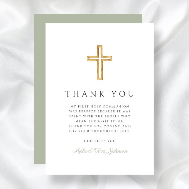 Elegant Sage Grönt Religiösa Kor Första kommission Tack Kort (Elegant Sage Green Religious Cross First Communion Thank You Card)