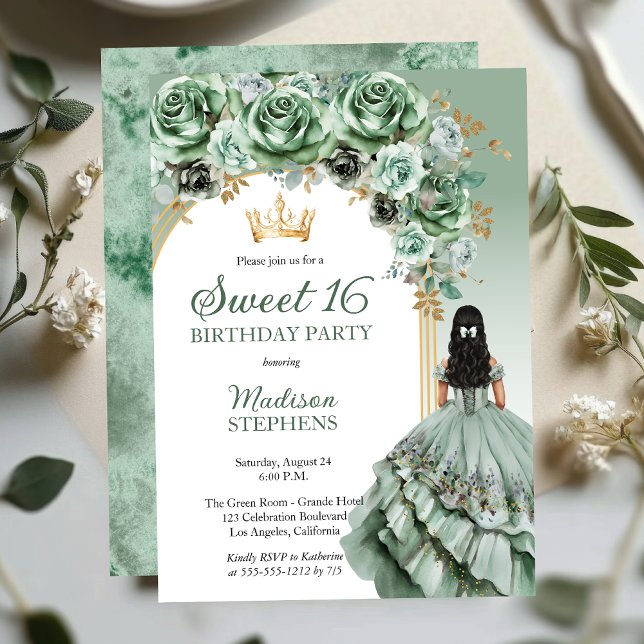 Elegant Sage Grönt Ro Blommigt Sweet 16 Party Inbjudningar (Elegant Sage Green Rose Floral Princess-Theme Brunette Dk Haired Sweet 16 Invitation )