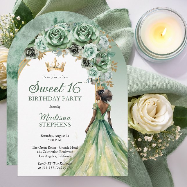 Elegant Sage Grönt Ro Blommigt Sweet 16 Party Inbjudningar (Elegant Sage Green Rose Floral Sweet 16 Party Invitation - Print | Digital Download )
