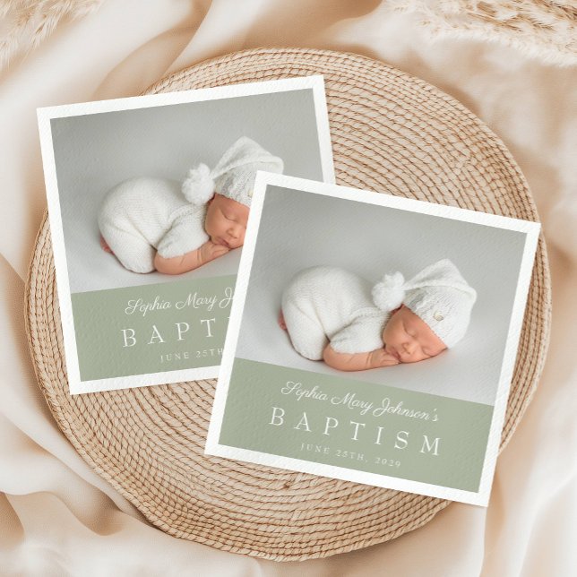 Elegant Sage Grönt Script Photo Baptism Pappersservett (Elegant Sage Green Script Photo Baptism Napkins)