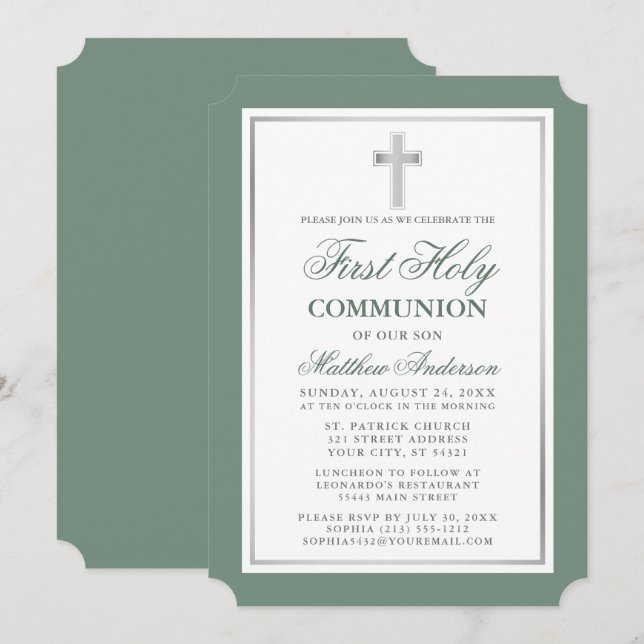 Elegant Sage Grönt Silver First Heliga Communision Inbjudningar (Fram/baksida)