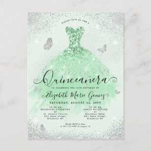 Elegant Sage Grönt Silver Glitter Gown Quinceanera Vykort