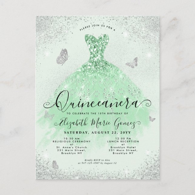 Elegant Sage Grönt Silver Glitter Gown Quinceanera Vykort (Framsida)