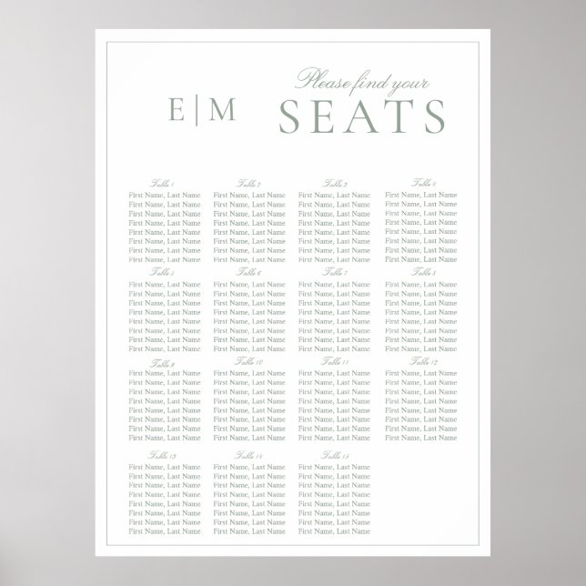 Elegant Sage Grönt Skript Monogram Bröllop-säte Poster (Framsidan)