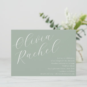 Elegant Sage Grönt Skript Namn Minimal Bat mitzva Inbjudningar