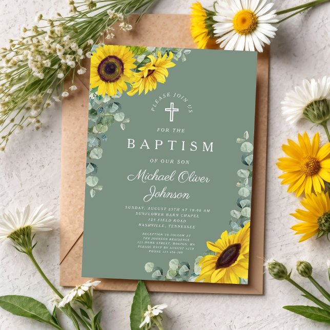 Elegant Sage Grönt Solros Kor Baptism Inbjudningar (Elegant Sage Green Sunflower Cross Baptism Invitation)