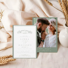 Elegant Sage Grönt Vapensköld Monogram Bröllop Inbjudningar