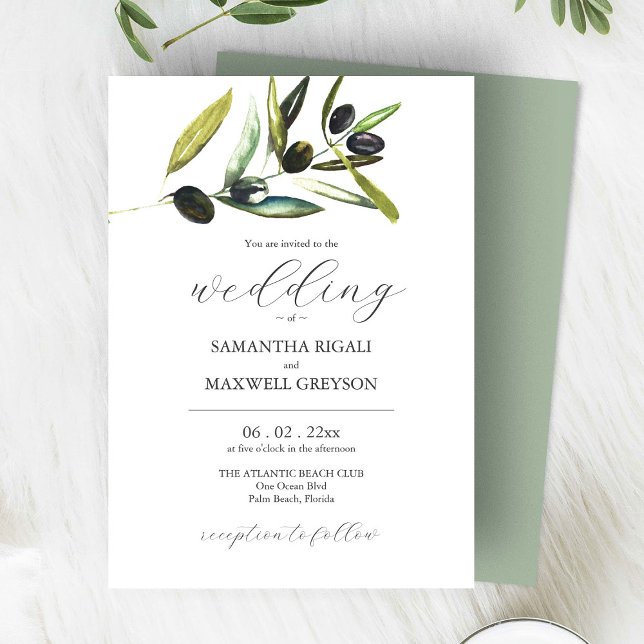Elegant Sage Grönt Watercolor Greenery Bröllop Inbjudningar (watercolor wedding invitations hand painted olive branch art by Victoria Grigaliunas Do Tell A Belle)