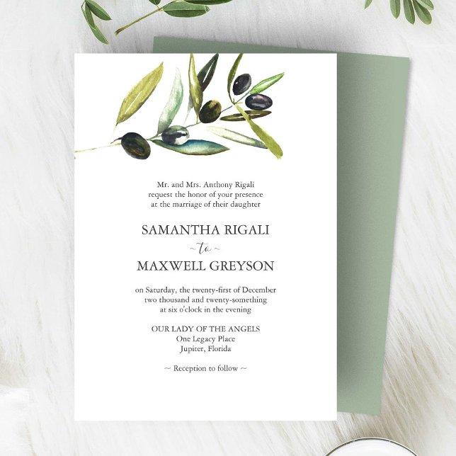 Elegant Sage Grönt Watercolor Olive Bröllop Inbjudningar (watercolor wedding invitations olive branch art by Victoria Grigaliunas of Do Tell A Belle)
