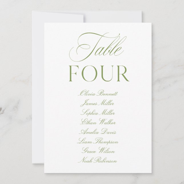 Elegant Sage Grönt & White Bröllop Bordsnummer (Framsida)