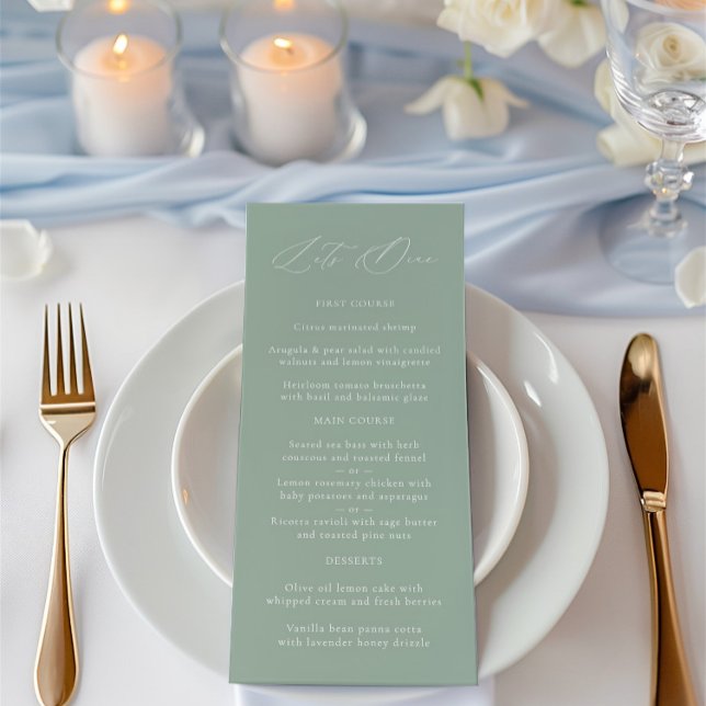 Elegant Sage Grönt & White Bröllop Menu Meny (Elegant Sage Green & White Wedding Menu)