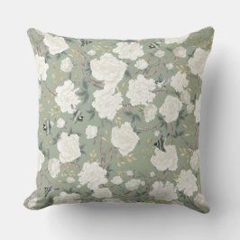 Elegant Sage Grönt White Chinoiserie Flowers Birds Kudde