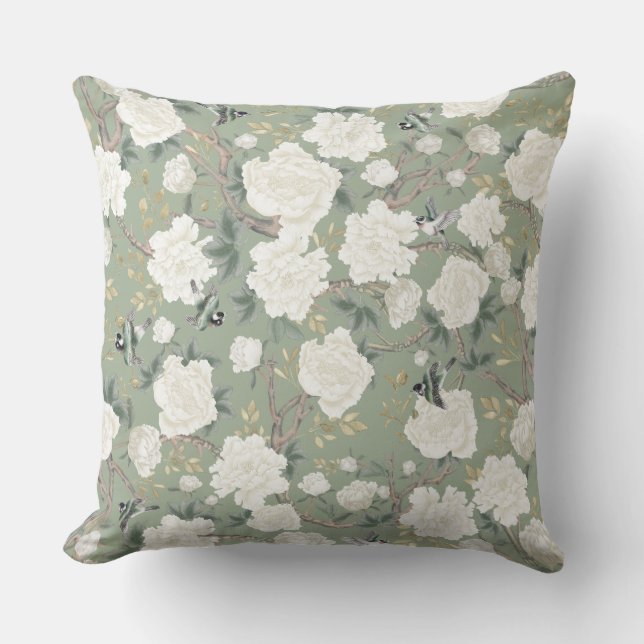 Elegant Sage Grönt White Chinoiserie Flowers Birds Kudde (Framsida)