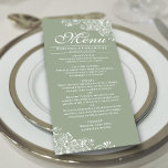 Elegant Sage Grönt & White Frilly Corners Bröllop Meny<br><div class="desc">Den här vackra menyn för gröntens färgad kommer att lägga till lite stil till din bröllopsmottagning. Den har en enkel men vacker utformning med elegant, skript och dekorativa vita kurvor och snurrar i hörnen. Det finns utrymme för namn från paret och bröllop, och texten är helt anpassade. Snyggt, klass och...</div>