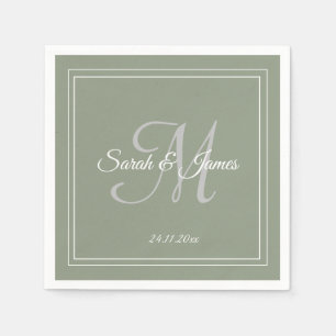 Elegant Sage Grönt & White Monogram Bröllop Papper Pappersservett