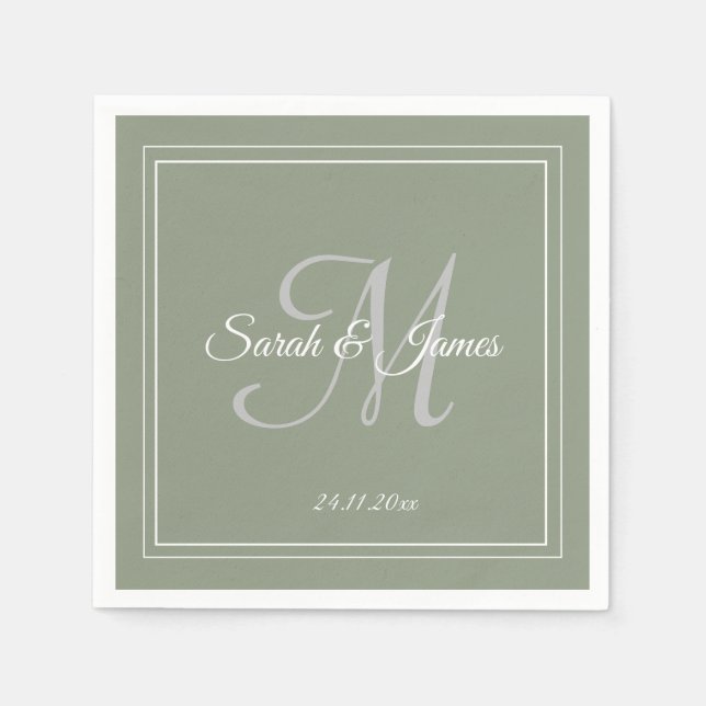 Elegant Sage Grönt & White Monogram Bröllop Papper Pappersservett (Framsidan)