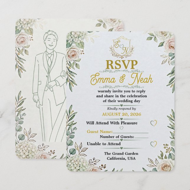 Elegant Sage Guld Bröllopsinbjudan RSVP-kort OSA Kort (Fram/baksida)