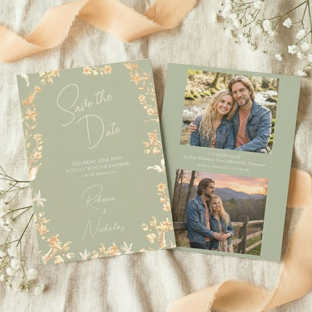 Elegant Sage Ivory Script Wildflowers 2 Photo Spara Datumet (Skapare uppladdad)