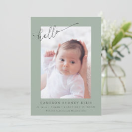 Elegant Sage Minimalist Hello Baby Foto Födelse Meddelande