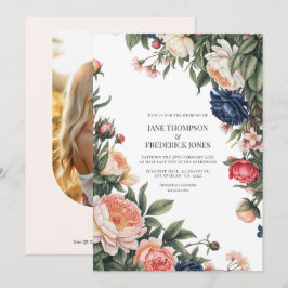 Elegant Sage, Navy & Peach Blommig Bröllops QR-kod Inbjudningar