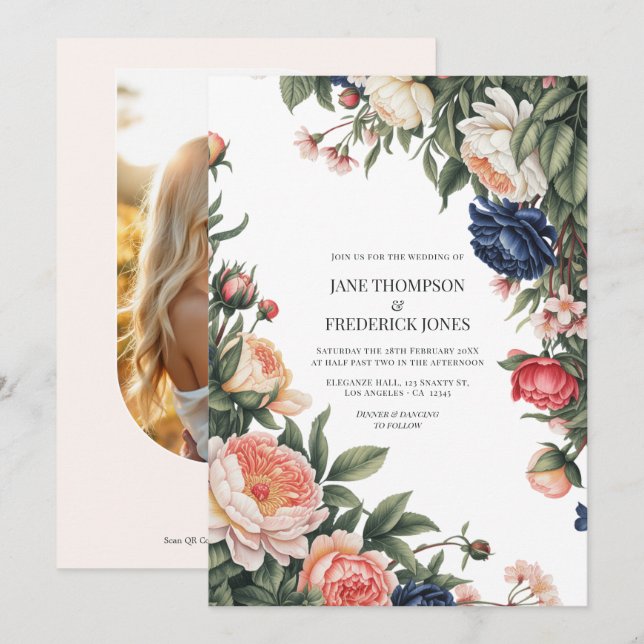 Elegant Sage, Navy & Peach Blommig Bröllops QR-kod Inbjudningar (Fram/baksida)