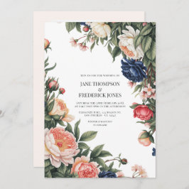 Elegant Sage, Navy & Peach Floral Wedding QR Code Inbjudningar