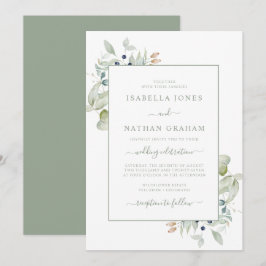 Elegant Sage Navy Watercolor Botanisk Bröllop Inbjudningar