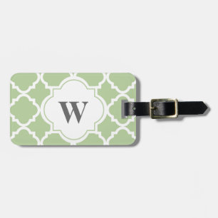 Elegant Sage och vit Quatrefoil Monogram Bagagebricka