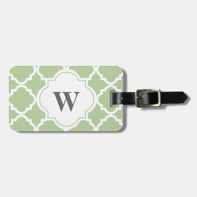 Elegant Sage och vit Quatrefoil Monogram Bagagebricka (Horisontell Framsida)