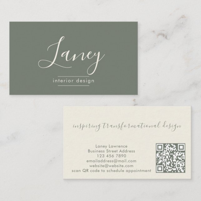 Elegant Sage QR-kod Inredningsdesign Proffs Visitkort (Fram/baksida)