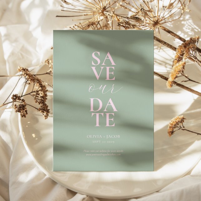 Elegant Sage  Rosa Minimalist Bröllop Spara Datumet (Elegant Sage Pink Minimalist Wedding Save The Date)