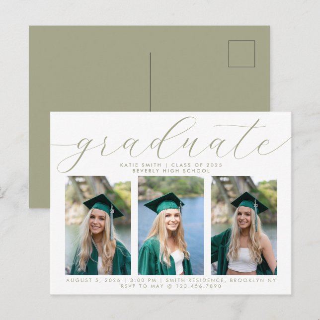 Elegant Sage-skript med minimalistisk Studenten 3- Inbjudan Vykort (Fram/baksida)