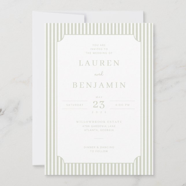 Elegant Sage Striped Wedding Invitation Inbjudningar (Framsida)