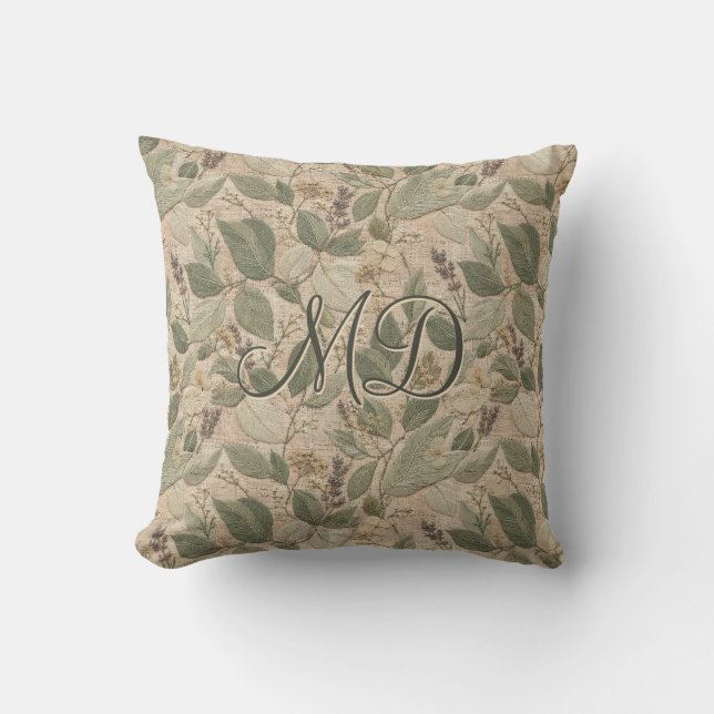Elegant Sage Vintage Blommig Mönster Kudde (Framsida)