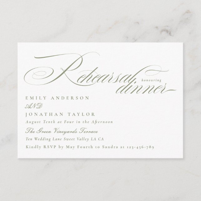 Elegant Sage White Calligraphy Rehearsal Dinner Tilläggskort (Framsida)