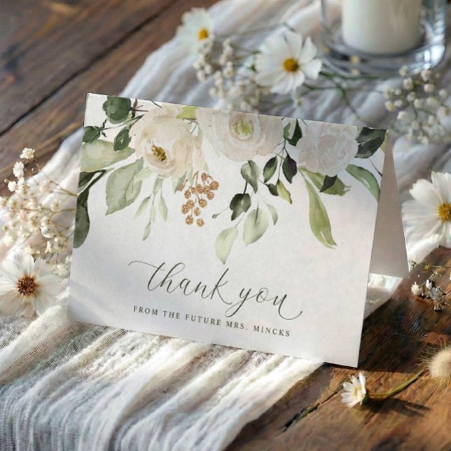 Elegant Sage White Flowers Möhippa Bröllop Tack Kort (Elegant script bridal shower thank you cards with watercolor greenery and white florals)