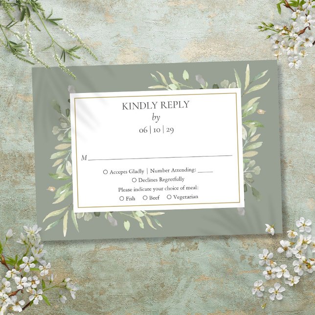 Elegant Sagegrön Akvarell Grönska  OSA Kort (Elegant Sage Green Watercolor Greenery RSVP Card)