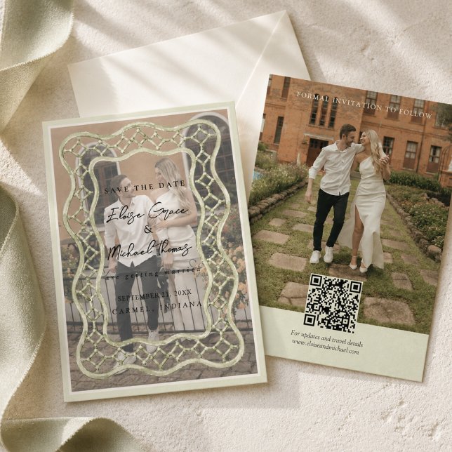 Elegant Sagegrön Akvarellkant Foto  Spara Datumet (Elegant Sage Green Watercolor Border Photo Save The Date)