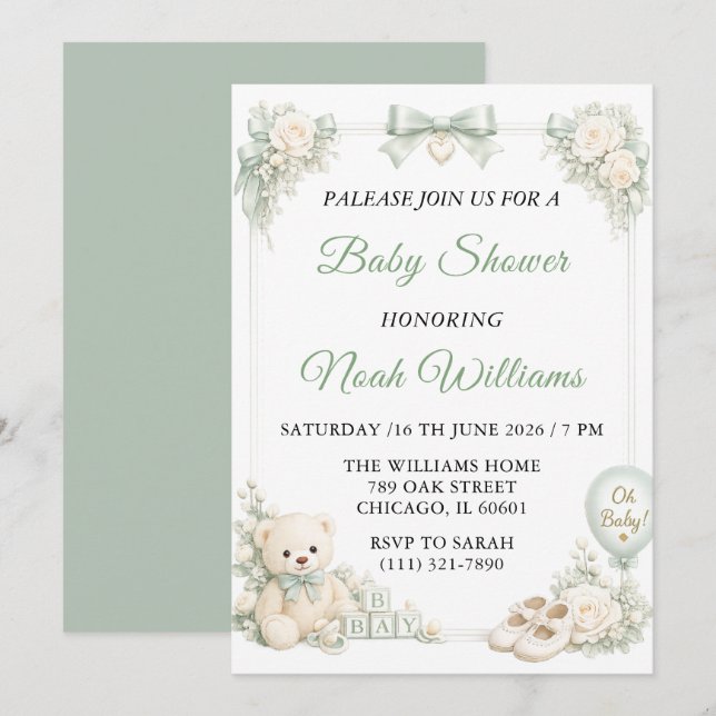 Elegant Sagegrön Baby Shower Inbjudan Mall (Fram/baksida)