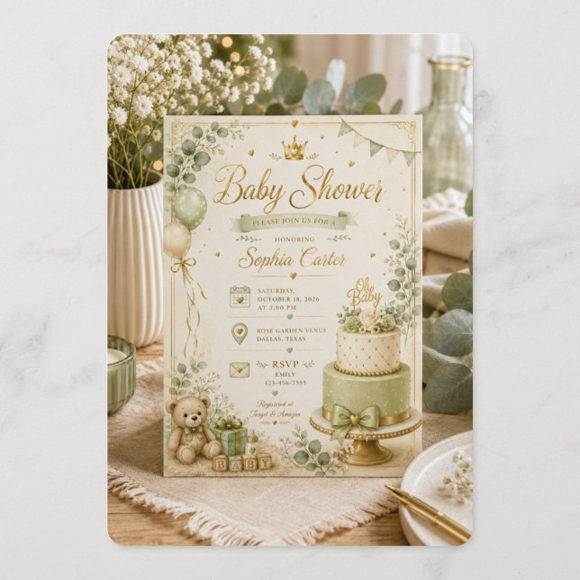 Elegant Sagegrön & Beige Baby Shower Inbjudan  (Baksida)