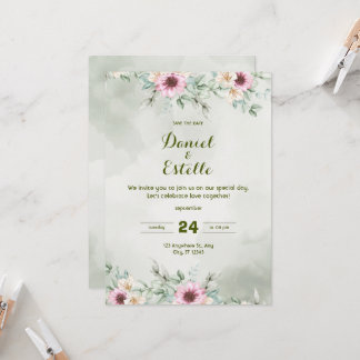 Elegant Sagegrön Blommig Akvarell Bröllopsinbjudan Inbjudningar