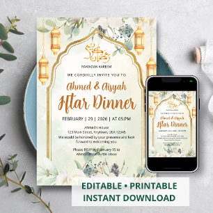 Elegant Sagegrön Blommig Lykta Ramadan Iftar Inbjudningar