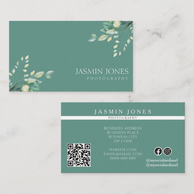 Elegant Sagegrön Blommig QR-kod Visitkort (Fram/baksida)